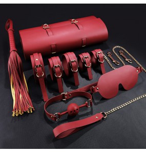 MizzZee - SM Leather 8 Pieces Bondage Kit With Bag (Burgundy)